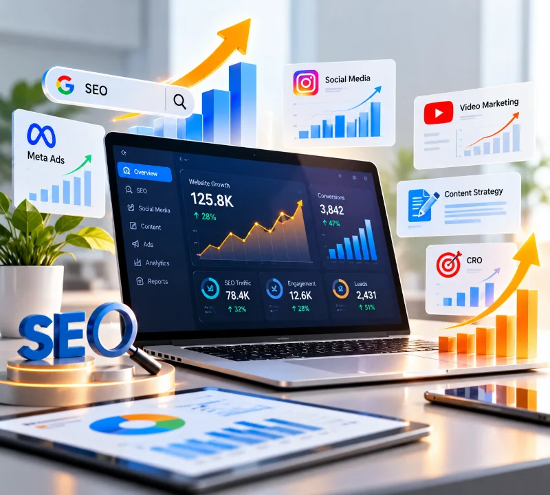Digital marketing dashboard with SEO, social media, content and CRO performance
