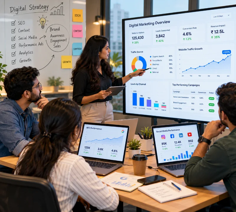 Team reviewing a digital marketing strategy and performance dashboard