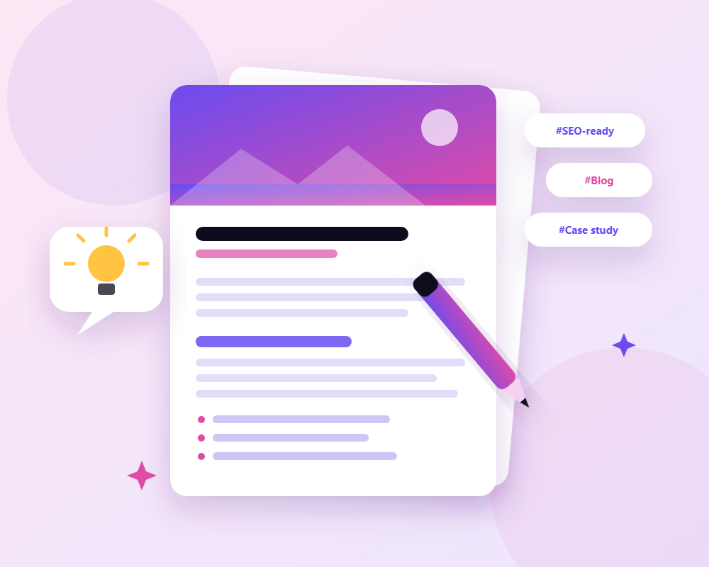 Blog article draft with a pen, idea bubble and content topic tags
