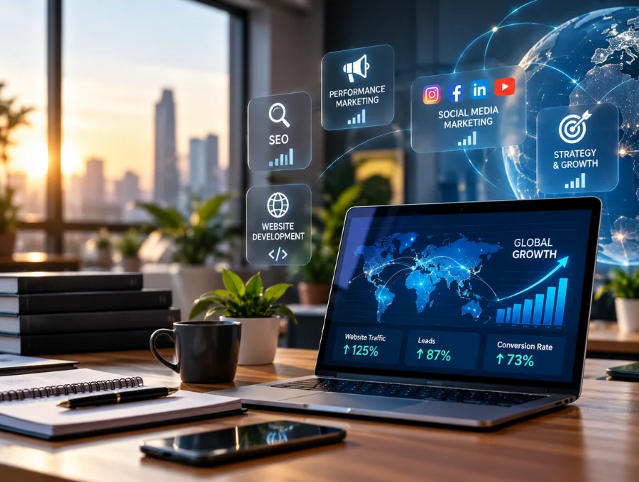 Laptop showing global growth analytics with SEO, performance marketing, social media and web development icons