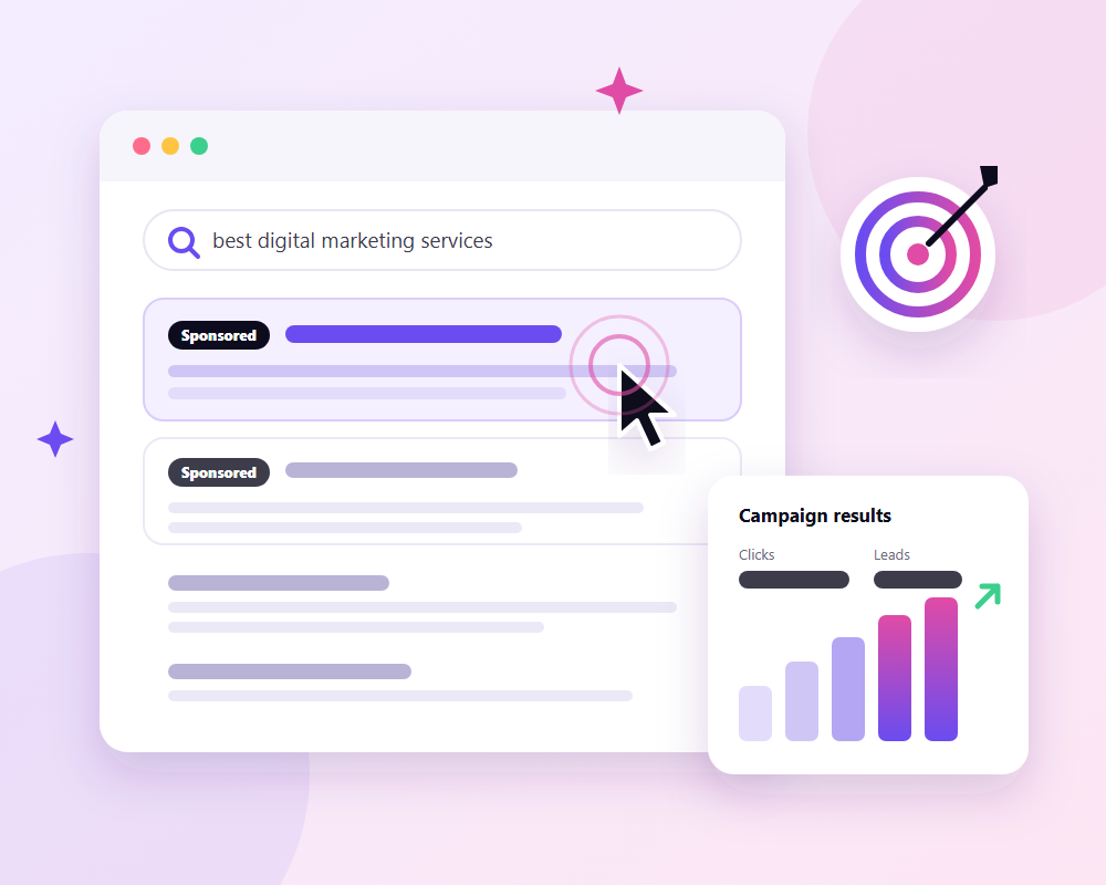 Search results with sponsored ads at the top and a campaign results chart