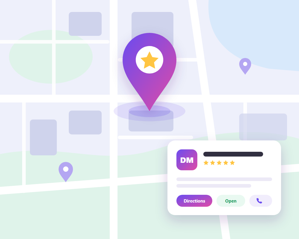 Map pin and business listing with five-star rating for local SEO