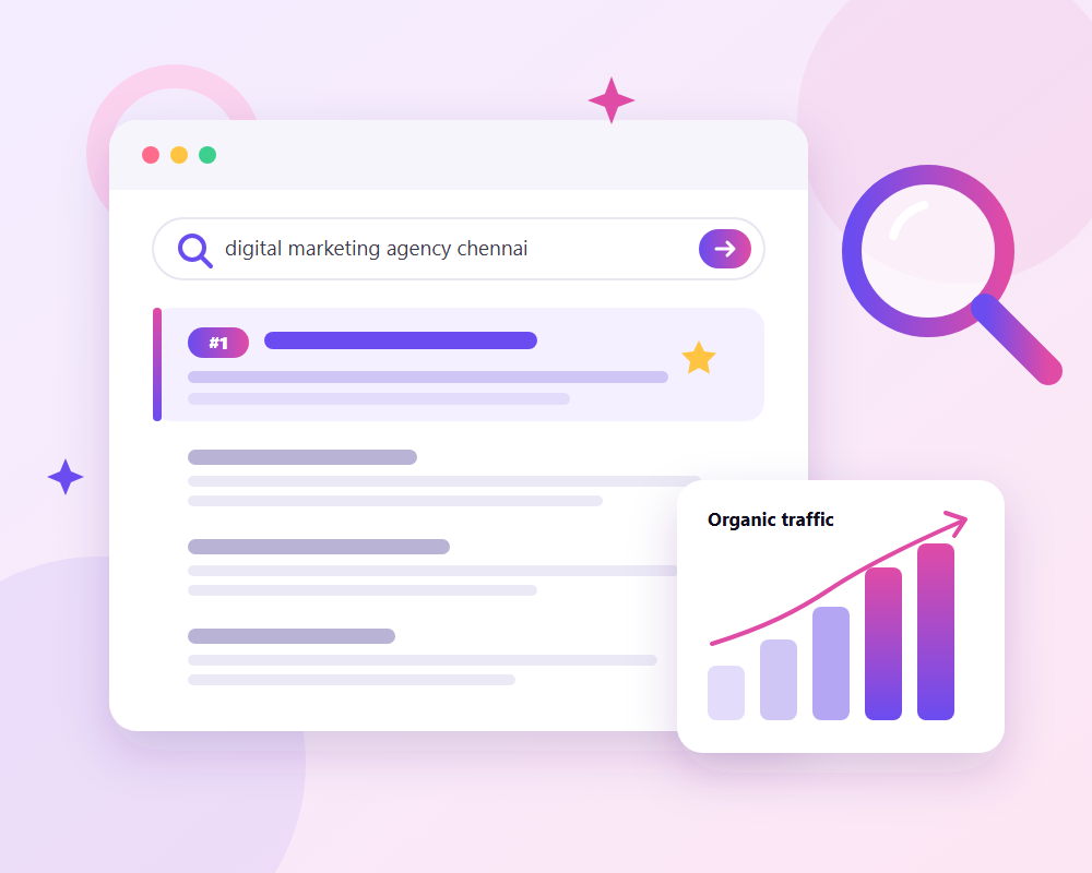 Search results page with the website ranked number one and organic traffic rising