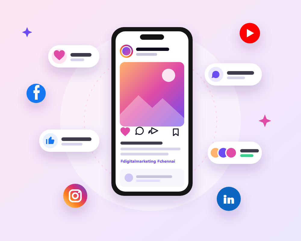 Smartphone social media feed surrounded by likes, comments and platform icons