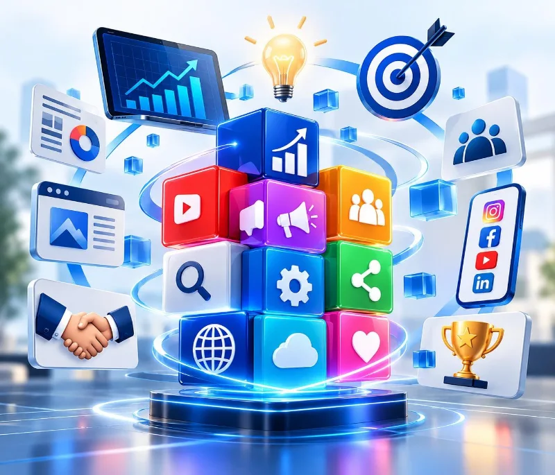 Connected digital marketing ecosystem of search, social, video, analytics and web